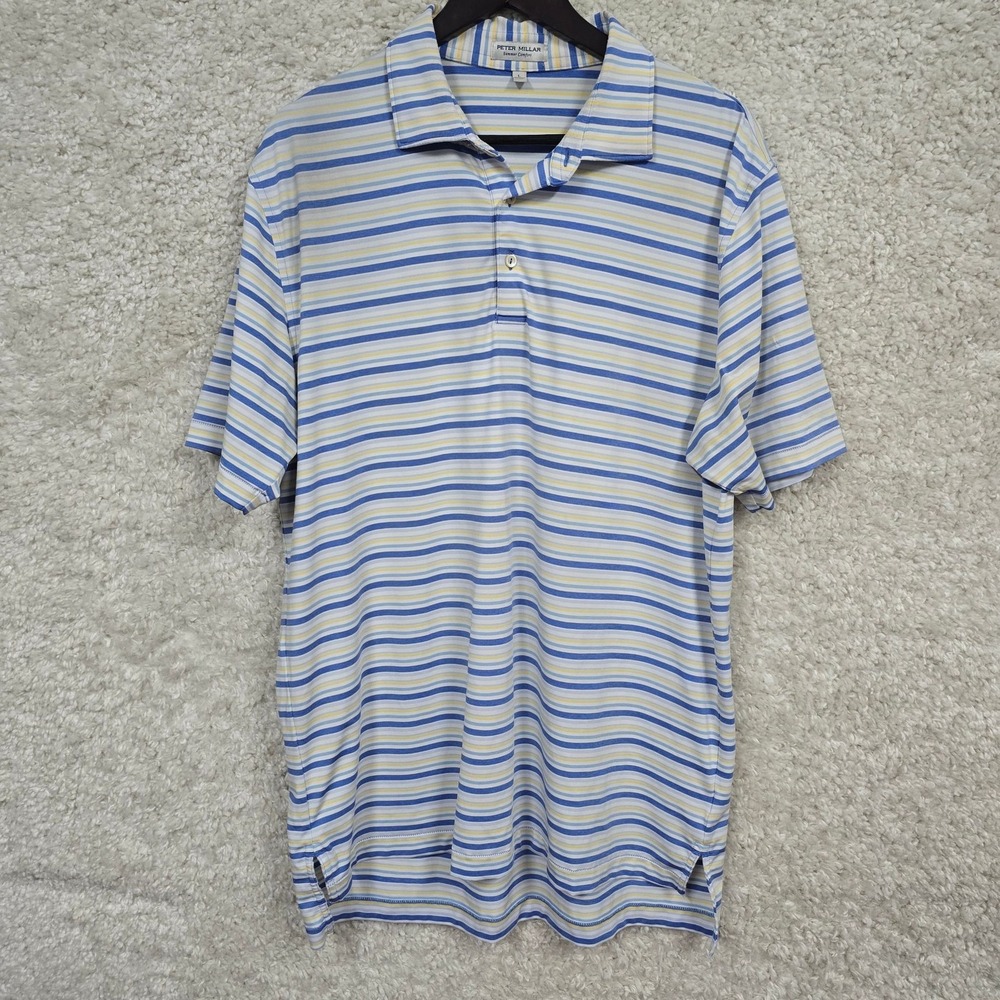 Peter Millar Polo Mens L Striped‎ Blue Yellow Summer Comfort Short Sleeve Golf